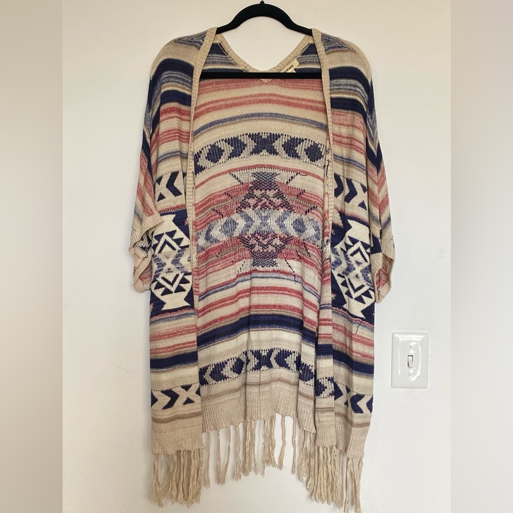 Boho kimono red white & blue knit shawl sweater